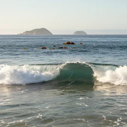 small perfect right wave, reef point, breaking in shallow clear water, directly in front of viewer, hollister ranch, offshore winds, kelp, islands on horizon, oil dereks on horizon, late afternoon, fall time, central california