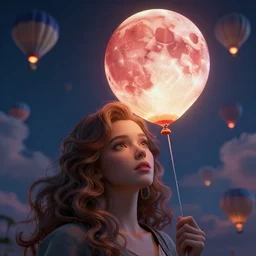 a 3 d, hyperrealistic, octane rendered, detailed, cinematic, close up portrait of a detailed 1 9 7 6 woman with swirling hair. the woman is holding a giant balloon that looks like a glowing 3 d realistic blood moon. a night sky filled with hot air balloons and swirling clouds by kuvshinov and bilibin, karol back, barclay