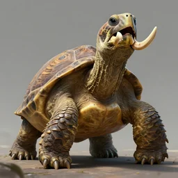 a giant turtle standing!!! upright!!!, two tusks!! can be seen coming protruding out of the mouth, concept art, artstation, extremely detailed!!!