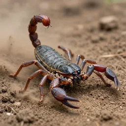 action photography, long shot, award winning macro photo of an ultra detailed intricate muddy bull - scorpion running very fast on mud, dirt and dust, fast shutter speed, motion blur, tiny gaussian blur, highly detailed, highly intricate, depth of field, national geographic
