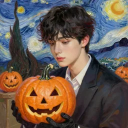 painting of young cute handsome beautiful dark medium wavy hair man in his 2 0 s named shadow taehyung at the halloween pumpkin jack o'lantern party holding pumpkin and wearing gloves, melancholy, autumn colors, japan, elegant, clear, painting, stylized, delicate, soft facial features, delicate facial features, soft art, art by alphonse mucha, vincent van gogh, egon schiele