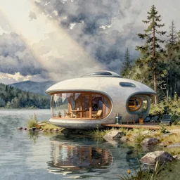 a detailed watercolor illustration of a retrofuturistic cabin by the lake,