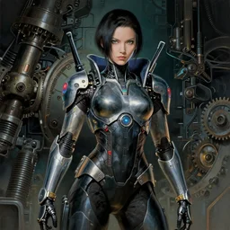 woman from cyberpunk novel by in plated armor, gear box machinery, cinematic, fine art, by jack gaughan, shigeru komatsuzaki