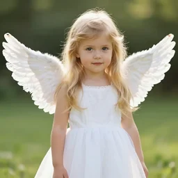 of cute 2 0 year old female angel with long blonde hair with wings and white dress