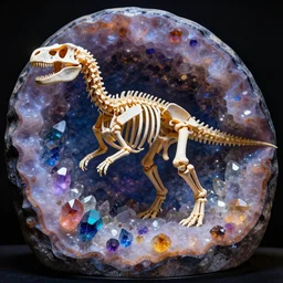 photorealistic dinosaur skeleton inside a beautiful geode of colored crystals, volumetric lighting