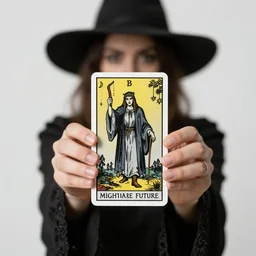 the midnight witch holds up the dreaded tarot card showing you the nightmare future, photo pic by realistic renders