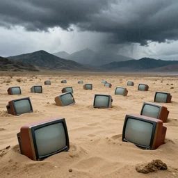 dream - like field of broken televisions buried in sand, masterpiece, mountains, rain clouds