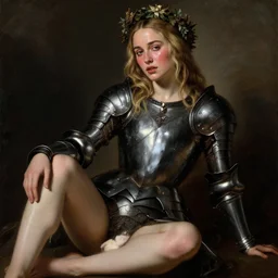 blushing, sweating, seductive young emilia clarke, blonde hair, wearing black metal armour, posing seductive, looking seductively, ornate wreath, legs, oil painting by titian, hard focus