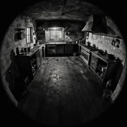volumetric shadows, volumetric lighting, black goya painting, fisheye, curved perspective, naive, extra narrow, by rhads, an underground kitchen with large floor