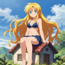 a giant macro very beautiful young anime winry rockbell sitting on a miniature house, full body, long wavy hair, sky blue eyes, full round face, bikini, miniskirt,, cinematic wallpaper by stanley artgerm lau