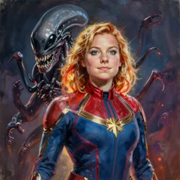 realistic portrait beautiful painting of Ms.Marvel mutate into a Xenomorph. Horror, created by Thomas Kinkade.