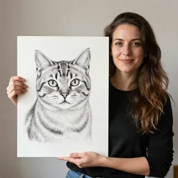 proud woman holding up a large picture of a cat she has just drawn detailed photography strong lighting