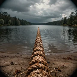 centered photograph of a single line of brown thick long rope floating on the surface stretching out to the center of the lake, a dark lake sandy shore on a cloudy day, color film, trees in the background, hyper - detailed photo, anamorphic lens