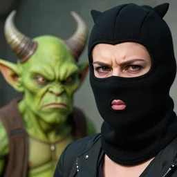 closeup of a woman in a balaclava, annoyed expression, next to an annoying green - horned goblin, by mike davis,