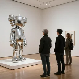 perspective altered men stood in an art gallery, staring at a sculpture made by alien jeff koons, hd photorealism, 3 5 mm lens w 1 0 2 4 h 7 6 8