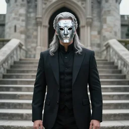 cinematic movie, background is castle and steps, s man with a silver iron mask, with silver wavy long hair, black suit, 4 k