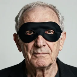 studio portrait of a wrinkled old man with a black pulcinella eye mask, close - up, soft lighting, nikon, photo by xxxxxx, masterpiece