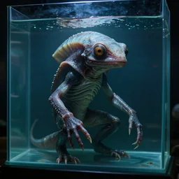 a highly detailed photographic render of a humanoid amphibian creature inside a glass tank fllled with water, sci-fi. science fiction, horror sci-fi, horror science fiction, creepy, cinematic lighting, cinematic scene, Volumetric lighting, Atmospheric scene, Dark, Horror, Atmospheric lighting, Global illumination cinematic render, film, beautifully lit, ray traced, octane 3D render, octane render, unreal engine