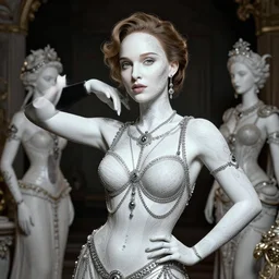 portrait photograph of an absurdly beautiful, graceful, sophisticated, fashionable woman, natalie portman, facial tattoos, in the style of irakli nadar and alexandre ferra and popovy sisters, intricate linework, white porcelain skin, faberge, intricate chrome chains, dark atmosphere, unreal engine 5 highly rendered, global illumination, radiant light, detailed and intricate environment
