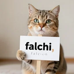 realistic high quality photo of a cute cat holding a sign with text that reads : falconi, falcon