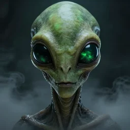 portrait of alien with large black eyes and a very long forehead. green semitransparant cloudy lightly glowing eyes. high quality photorealistic octane render 4 k, hyperrealism, 2 0 2 2, volumetric fog, subsurface scattering, scary, unnerving, serious, dark, fear, concept art in the style of chris foss, trending on artstation, cgstation, symmetric, horror, insect features, reptile features, riddley scott alien features