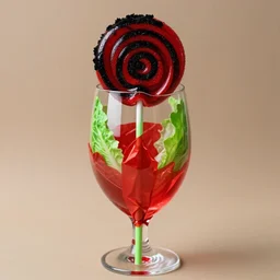 a photo of a red lollipop in a red wrapper with a thin green neck wearing a kermit collar, the top is a black and red vortex made of velvet shards in the shape of a head red butter lettuce themed wine glass