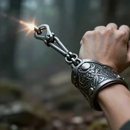 epic fantasy style, a device that shoots a small grapple from a wristband