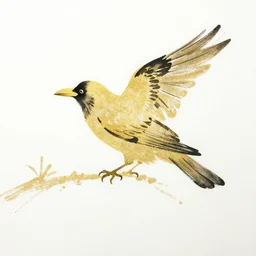 beautiful serene crow, healing through motion, minimalistic golden ink aribrush painting on white background