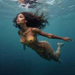 body portrait of beautiful nubian ancestral tribal tattooed young pincess, underwater photography full body portrait of a young beautiful woman swimming low angle by terry o'neill intricate, elegant, highly detailed, digital painting, artstation, concept art, smooth, sharp focus, illustration, art by artgerm and greg rutkowski and alphonse mucha, 8 k