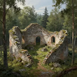 beautiful ancient ruins in a swedish forest view, highly detailed, very realistic, intricate, soft lighting, very wide shot, digital painting by simon stålenhag