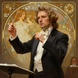 portrait of a conductor of a classical orchestra, intricate, elegant, highly detailed, ray tracing, digital painting, artstation, concept art, smooth, sharp focus, illustration, art by artgerm and greg rutkowski and alphonse mucha, 8 k