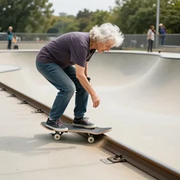 senior citizens grinding rails at a skate park