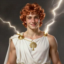 portrait of teenage zeus, greek, short curly copper hair, smiling mischievously, wearing a white sash with golden olive tree pendant, intricate, elegant, lightning, golden rings, lightning bolt, glowing lights, highly detailed, digital painting, artstation, concept art, smooth, sharp focus, illustration, art by wlop, mucha, artgerm, and greg rutkowski