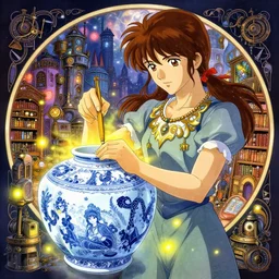 anime character, steampunk city, magic library, carving on southern ice porcelain , overdetailed art, by greg rutkowski, by Alfons Mucha, complementing colors, magic, colorful lights, fireflies, detailed illustration