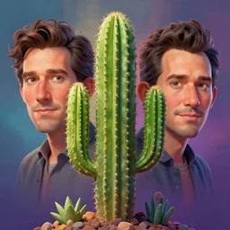 stylish caricature - 3 d vfx - drew struzan movie poster - art of an cactus plant, art style by james jean & hsiao - ron cheng, unreal engine render, digital illustration, sharp, intricate detail, volumetric lighting, ray tracing, soft light, colourful, claymation style, ernie barnes style, symmetry, acrylic on canvas, pinterest, artstation,