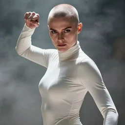 film still of elizabeth debicki as asajj ventress, bald head, focus on face, angry expression, wearing tight white turtleneck glamour pose, dramatic lighting, unreal engine, mist, steve mccurry, cinematic composition, volumetric lighting