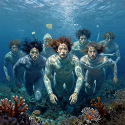 crowd of people underwater wearing suits and flowing cloths, coral, portrait face, caustics, light rays, in the style of matt murphy, enes dirig, jeremy enecio, intricate, miles johnston, monet, cynical realism, john william godward, painterly, yoshitaka amano, miles johnston, louise zhang, matt murphy, enes dirig, pekka halonen, finnish naturalism, realism