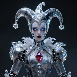 front shot of a court jester character, holographic crystals, bionic futurism, ominous elegant detailed concept artstation sharp focus ray tracing cinematic masterpiece fine portrait, by artgerm and greg rutkowski and tooth wu and beeple