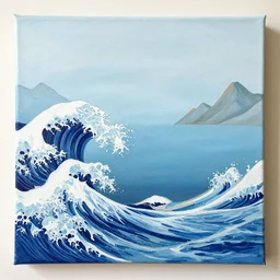 painting of waves in the ocean with mountains in the corners, canvas, acrylic paint, by roy liechtestein, by akihito yoshidal, isometric, 4 k, ultra - hd