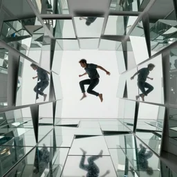 a room full of square mirrors, mirrors at an angle to each other refracting each other recursively, man jumping into mirror, octane render 8 k