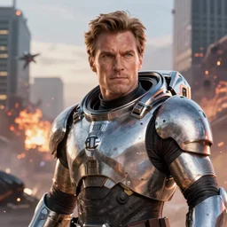 VFX movie portrait closeup powerful DC vs. Marvel hero space marine natural skin, hero pose, natural evening light in the city exploding skyscrapers war zone by Emmanuel Lubezki