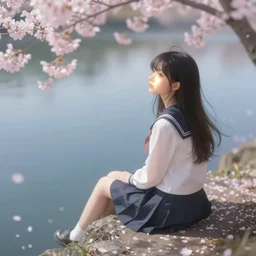 Soft blur, digital art, anime, advanced digital art, girl sitting at the edge of a cliff overlooking a lake filled with sakura petals, light reflected on her face in the style of Kuvshinoc Ilya. —W 1024 —H 1024