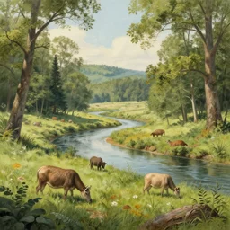 realistic drawing of beautiful landscape, hyperdetailed, animals, trees, river