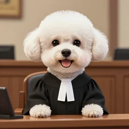 a closeup photorealistic illustration of a smiling bichon frise judge wearing a black gown at the bench and commanding the courthouse. this 4 k hd image is trending on artstation, featured on behance, well - rendered, extra crisp, features intricate detail and the style of unreal engine.