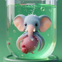 a hybrid elephant squid fetus growing in a giant green bubbling test tube, octane render, caustics, 4 k, trending on artstation, cute, realistic, vibrant