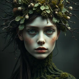 a fantasy portrait of beautiful girl by irakli nadar and stefan gesell with intricate detailed dried moss, tree branch and leaves headdress, melting wax, mycelia, abstract impressionism, ruan jia, hyper detailed, concept art, by gustav klimt, by sue bryce, moody lighting