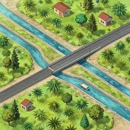 an optimistic futuristic street layout landscaped with two - way streams and wide conveyor belts, isometric conveyor belt, pop motifs, by ghibli, cannabis land
