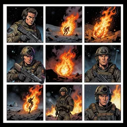 no border 5 panel graphic novel layout burning fuel cryogenic tears of hyperspace loneliness small unit tactics behind enemy lines littoral combat photorealistic graphic novel layout by john seale syd mead michael komarck, greg rutkowski, victo ngai, artgerm, willem claesz heda and j. dickenson roger deakins