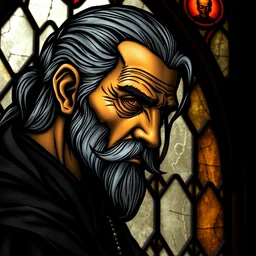 gothic stained glass window, detailed side - view portrait of an old witcher, amber eyes, dark grey hair, half ponytail, mustache, detailed and masterful, backlit
