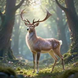 hyper realistic beautiful fantasy elven celestial stag, in a magical and beautiful highly detailed forest background. sunlight rays throught the trees. concept digital art 8 k rendering.